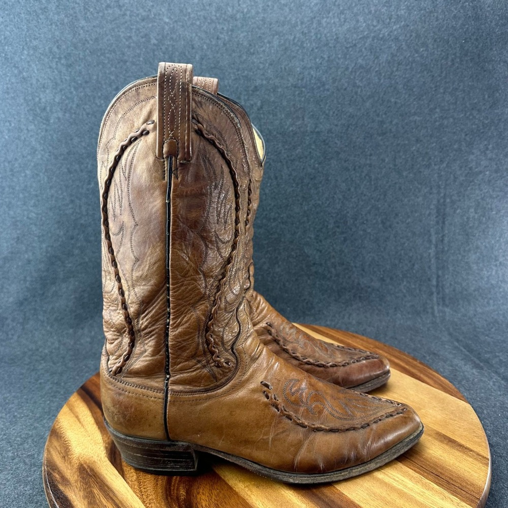 Vintage Dan Post Mens Deertan Bucklace Brown Leather Western Cowboy Boot Sz 9.5D